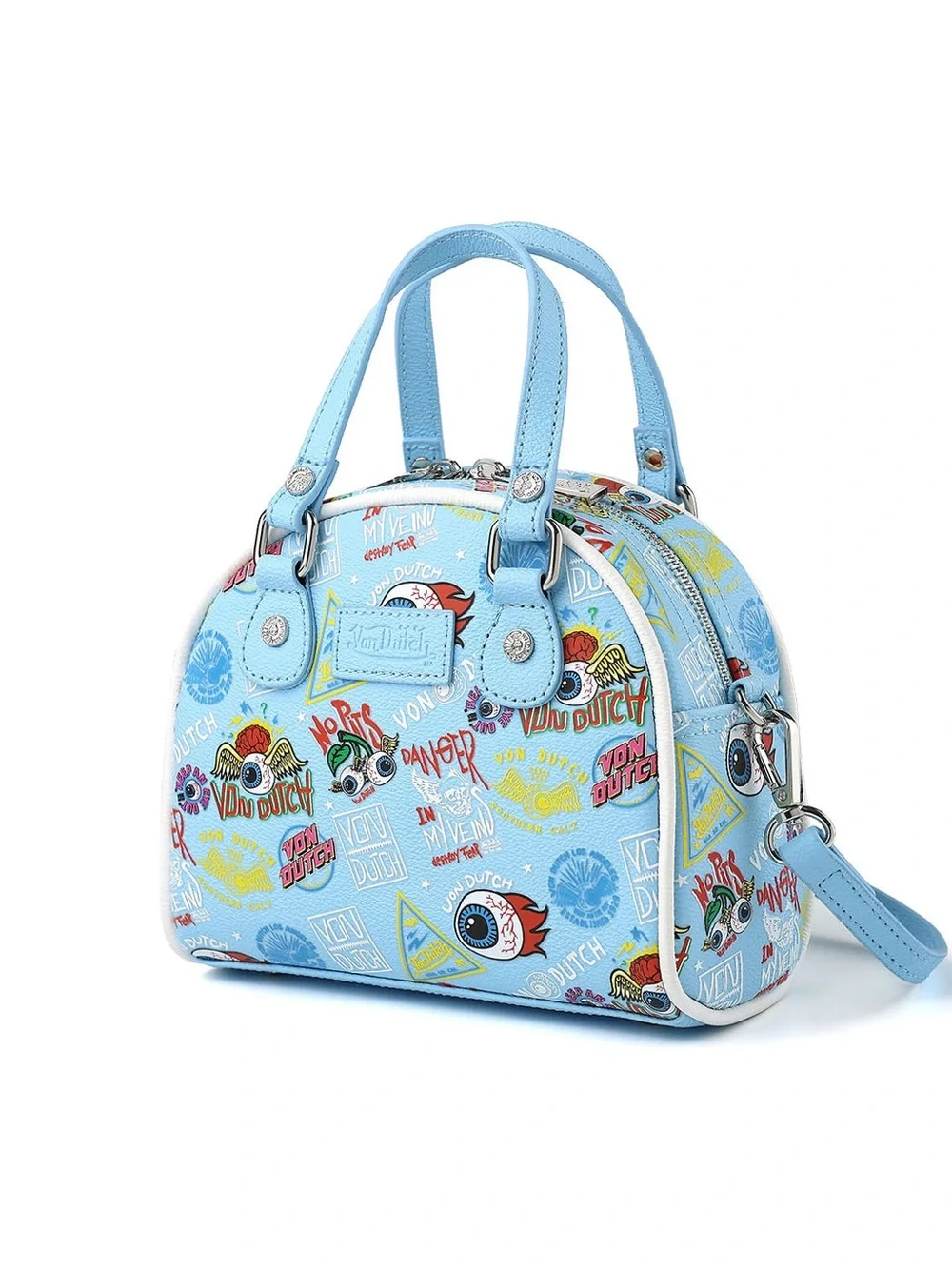 Von Dutch Light Blue Dome Satchel with Multicolor Logo Print
